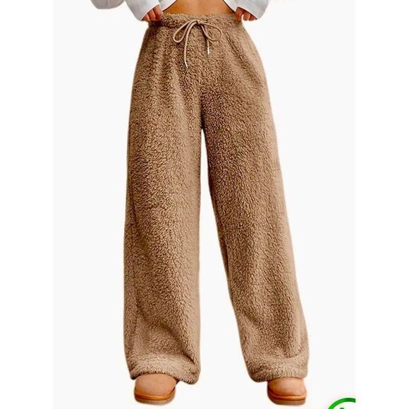 NWT Gorgeous L Cozy Fluffy Sherpa lk Tan Wide Leg Elastic Drawstring Teddy Pants - Picture 7 of 12
